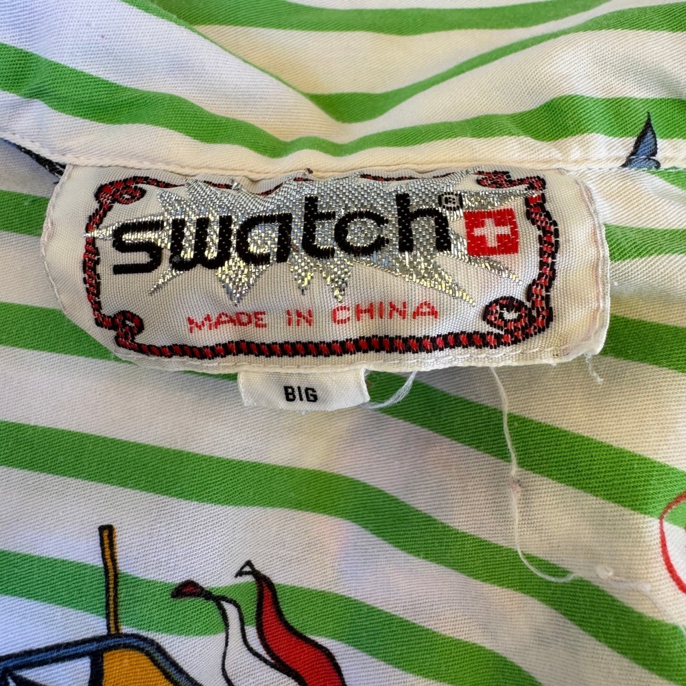 VTG! Swatch Green Striped Button Down Long Sleeve Shirt Big 2XL Quirky Logo - Picture 4 of 16